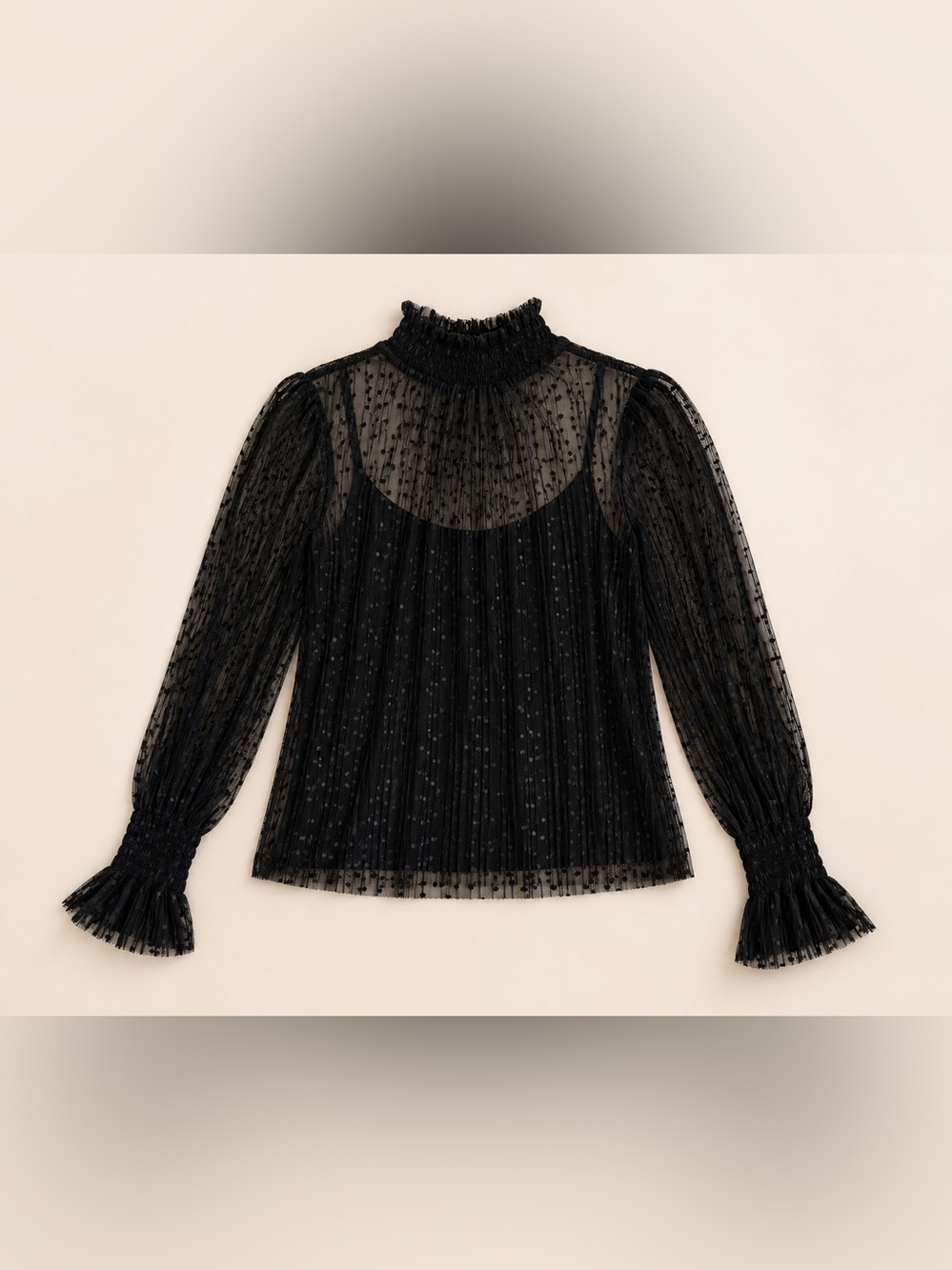 1. STATE Black Swiss Dot Pleated Sheer Mock Neck Blouse Size S - Picture 8 of 17